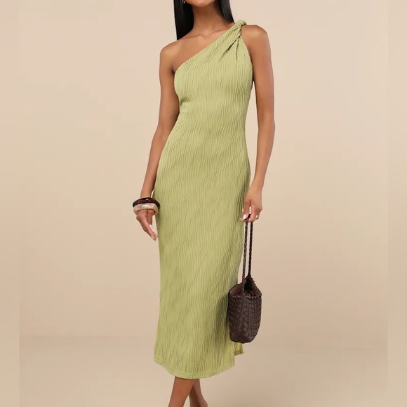 Lulus Light Green Textured One-Shoulder Midi Dress - Picture 1 of 7